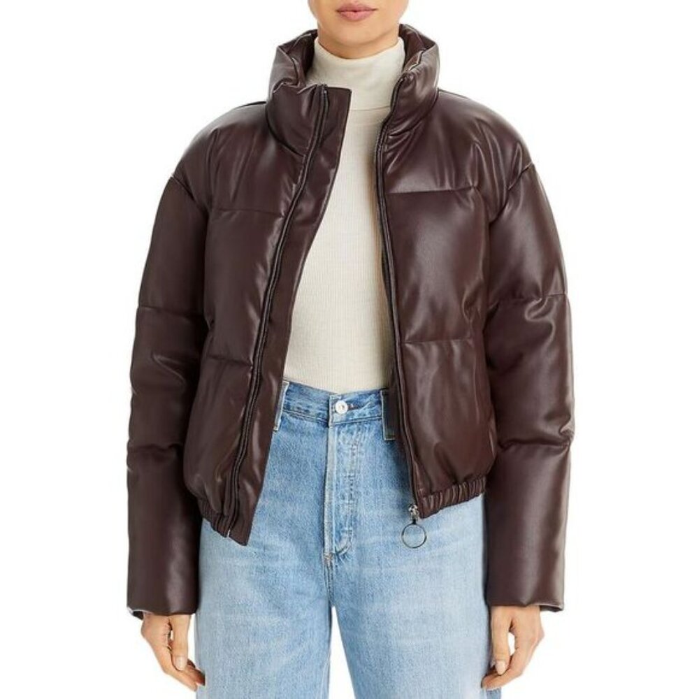 AQUA Chocolate Faux Leather Puffer Zip Jacket